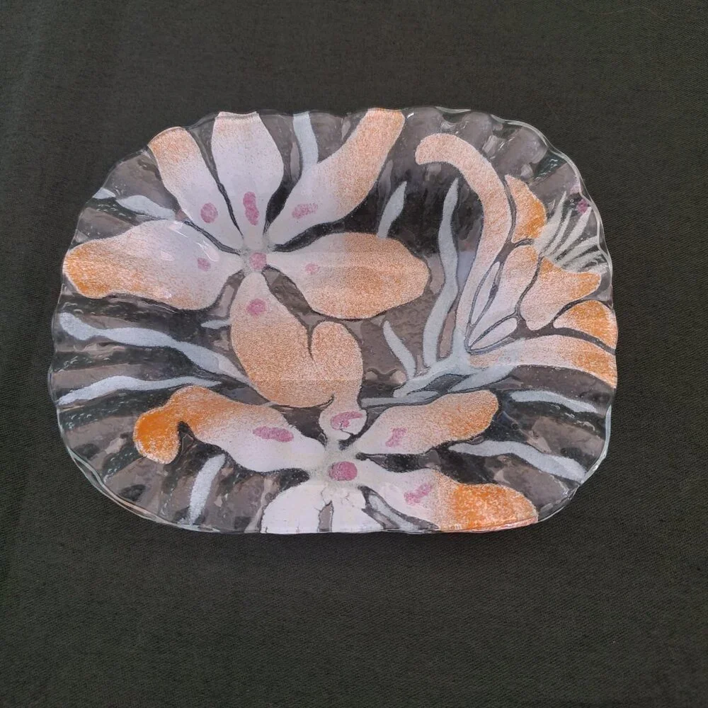 Fused Glass Trinket Dish Floral Art Glass Soap Dish